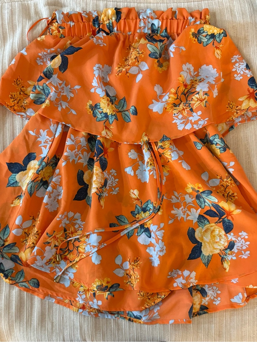 Pink Lily Orange Floral Romper with Navy and Yellow Accents